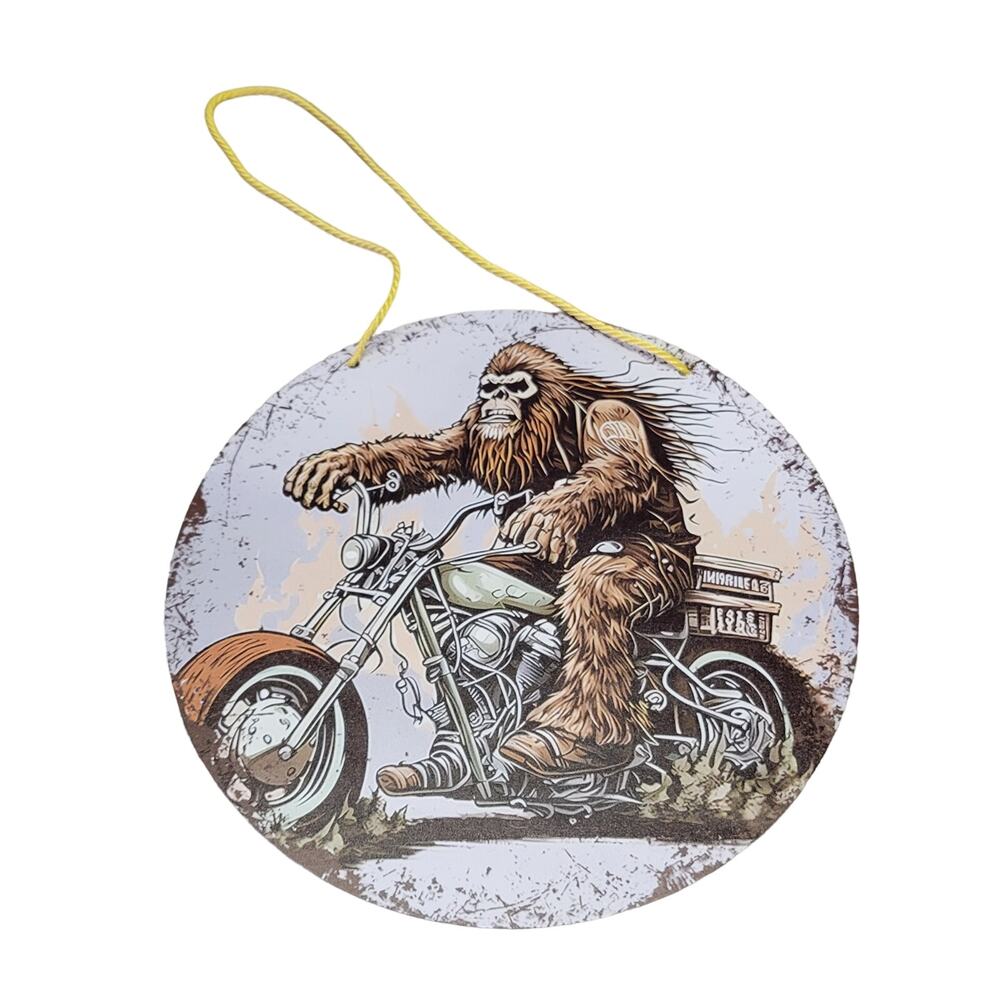 Metal Circle Door Hang With Sasquash Riding a Motorcycle
